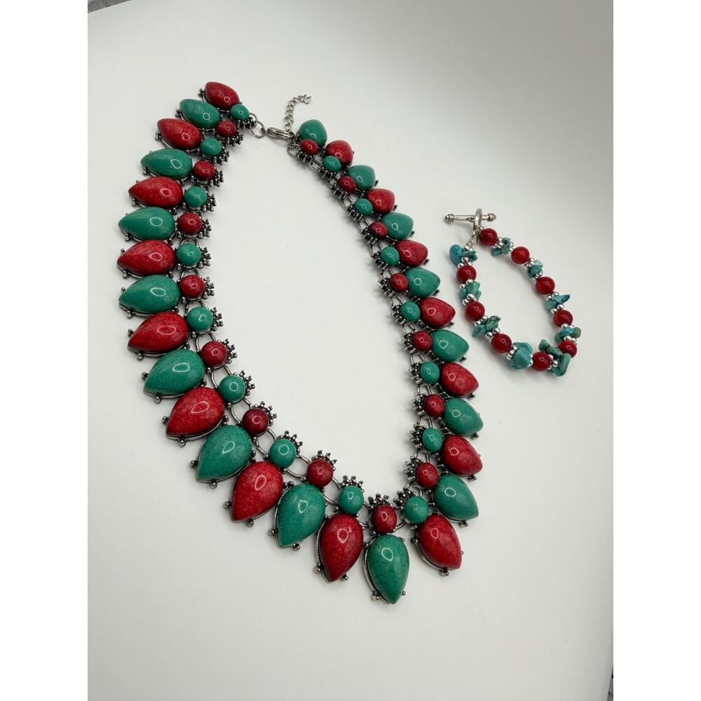 Southwest Statement Necklace Set | Turquoise Coral Style Bib Necklace + Bracelet - Picture 5 of 7